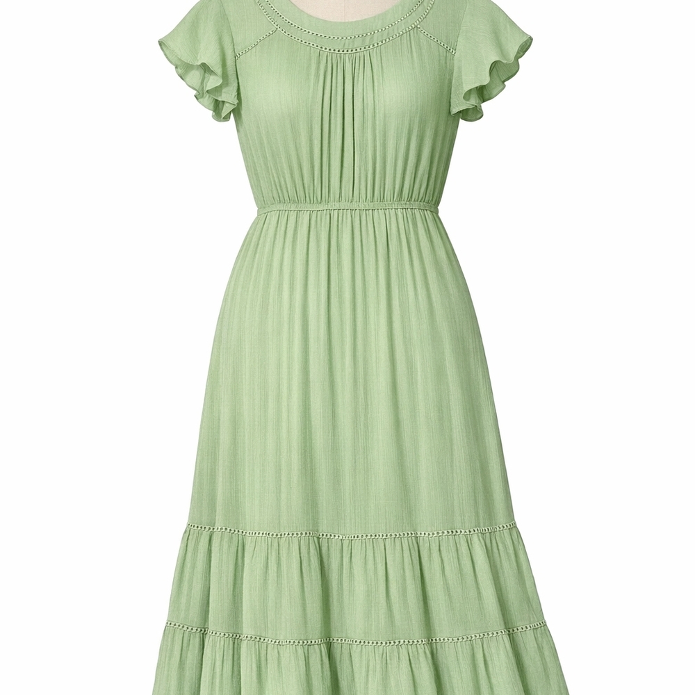 Boho Sage Green Gauze Tiered Midi Dres Flutter Sleeve Cottagecore Airy Lagenlook